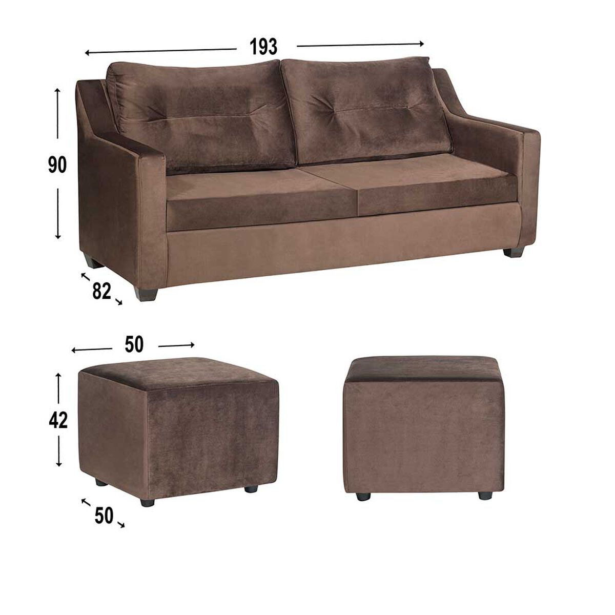 Juego de Living Diseño A&M Home Aries Sofá 3 Cuerpos + 2 Pouf 1 Cuerpo  Chocolate