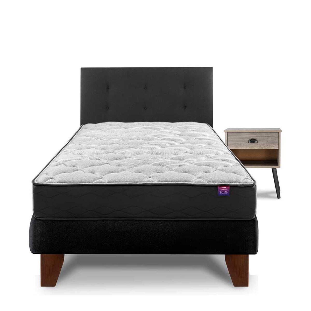 Cama Europea Flex 1,5 Plazas Therapedic Plus + Respaldo Royal + Velador Rock