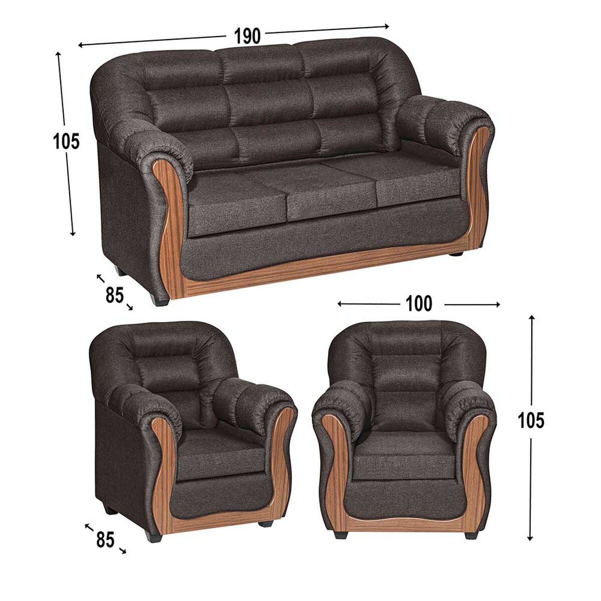 Juego de Living Muebles M&E Valdivia  Sofá 3 Cuerpos + Dos Sillones 1 Cuerpo Chocolate