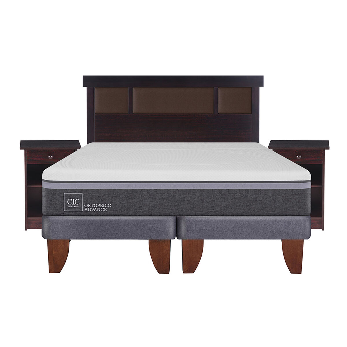 Cama Europea CIC Base Dividida 2 Plazas Ortopedic Advance + Respaldo + 2 Veladores Dublin Chocolate