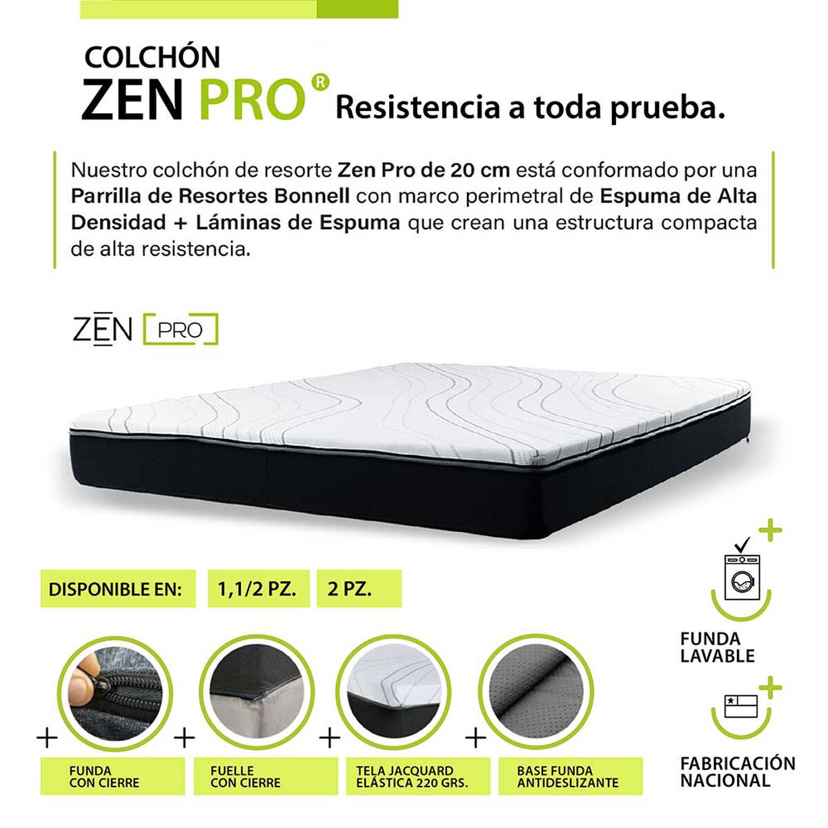 Cama Boxet Latam Home 1.5 Plazas + Colch&oacute;n Resortes Zen Pro Funda Lavable Gris