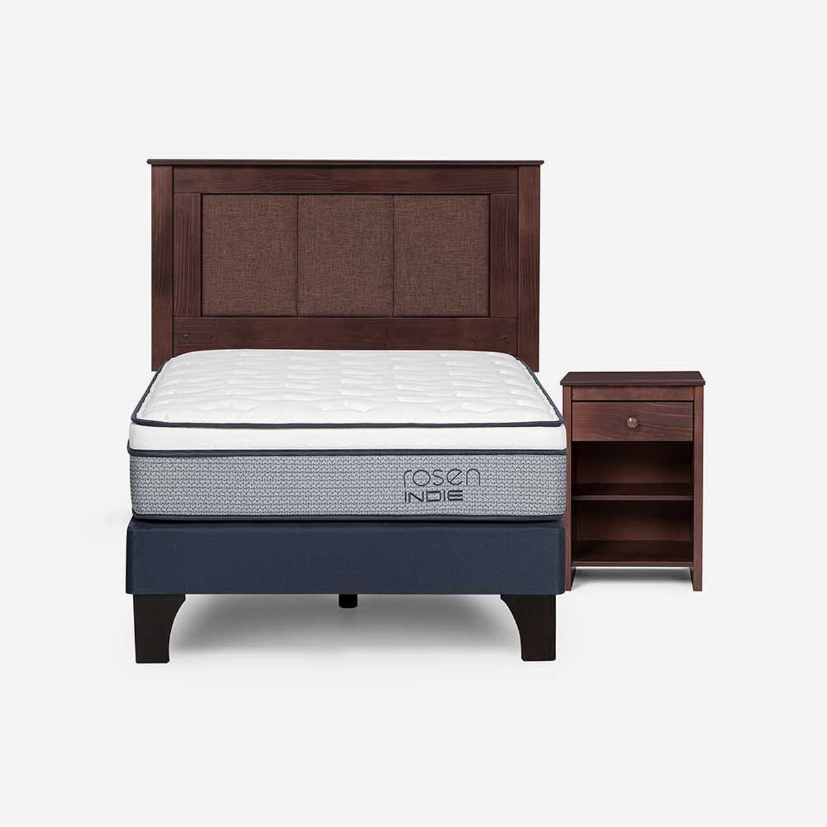 Cama Europea Rosen 1,5 Plazas Indie + Respaldo + Velador Rachel