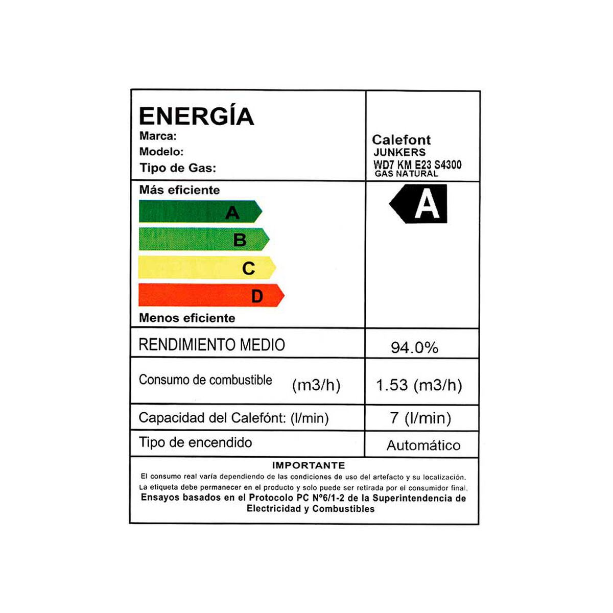 Calef&oacute;n Tiro Forzado Junkers Hydrowind Easy Gas Natural 7 lts.