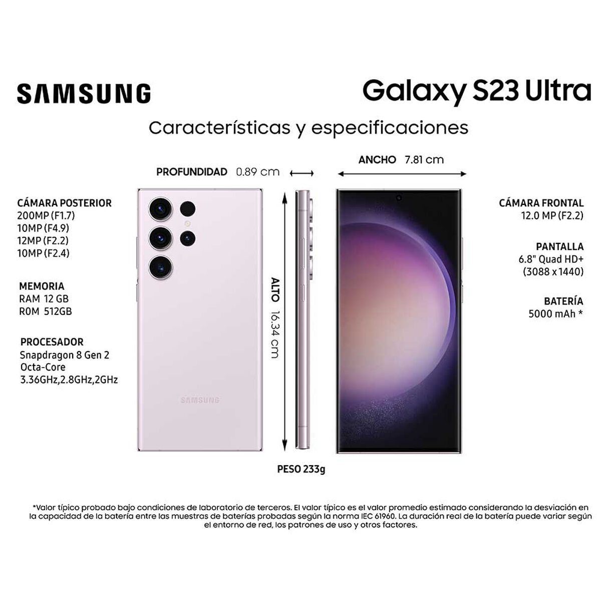 Celular Samsung Galaxy S23 Ultra 512GB 6,8" Lavender Liberado