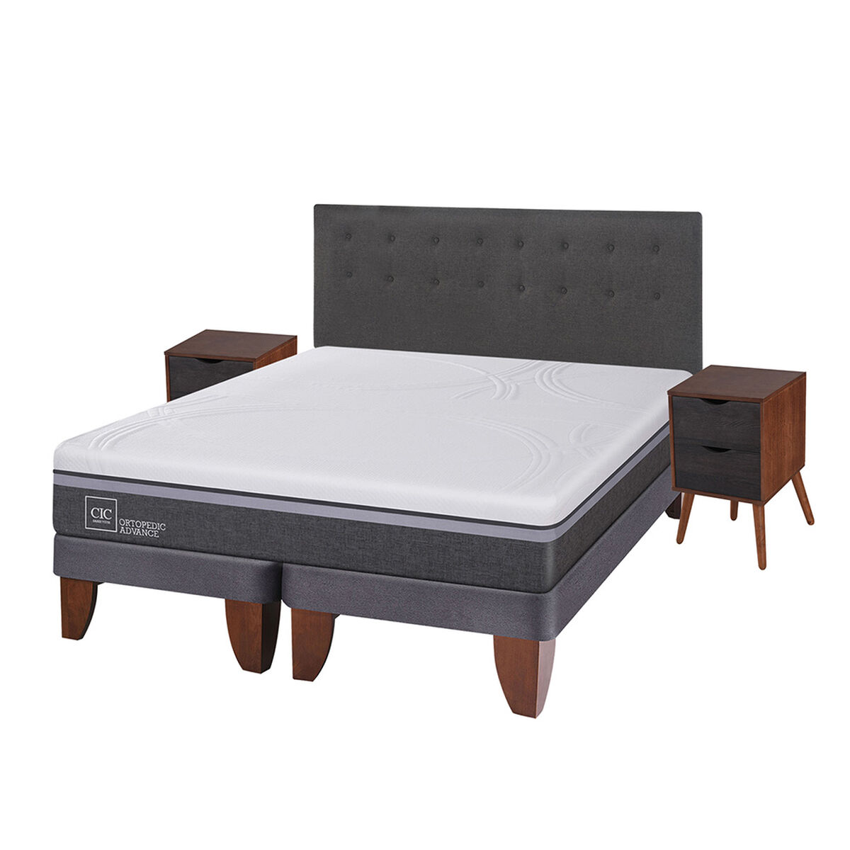 Cama Europea CIC King Ortopedic Advance + Respaldo + 2 Veladores Eufrates