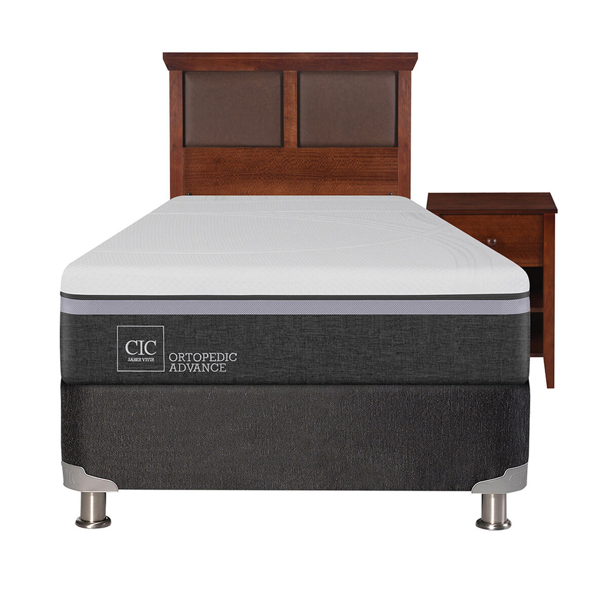 Box Spring CIC 1,5 Plazas Ortopedic Advance + Respaldo + Velador New Torino