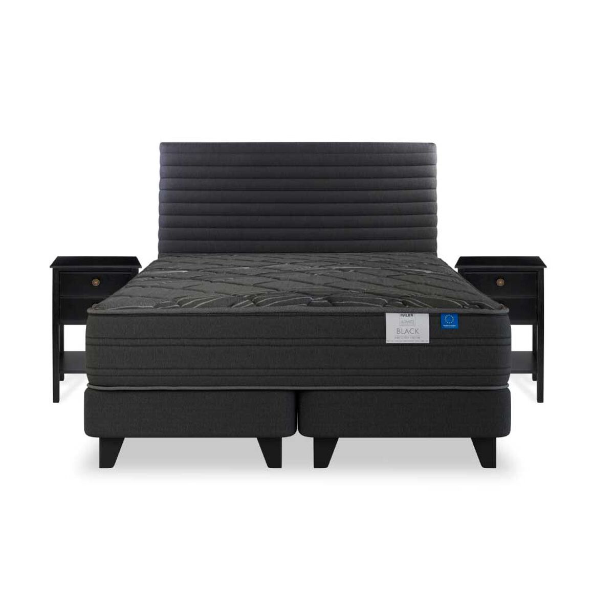 Cama Europea Flex Base Dividida King Black + Respaldo Modern Grafito + 2 Veladores Rover Universal