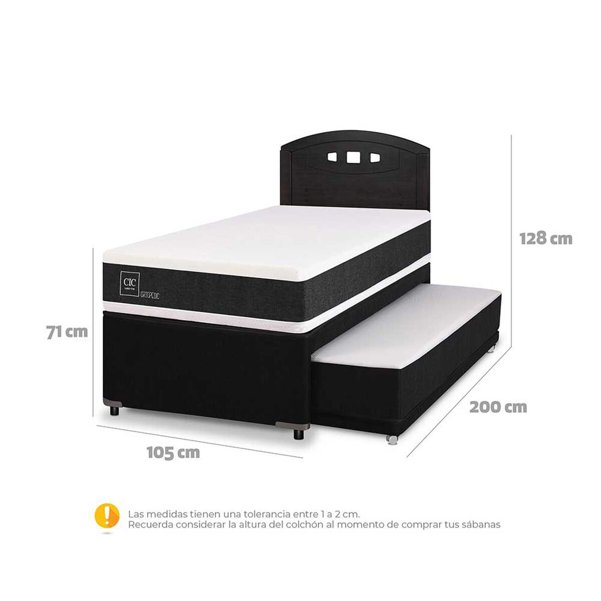 Cama Nido CIC 1,5 Plazas Ortopedic + Respaldo Gales Negro