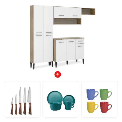 Combo Mueble de Cocina Roca Arizona 1 Cajón 9 Puertas Blanco + Juego de Vajilla Zibel SDC1318G 24 Piezas Azul Vela + Set 5 Cuchillos Zibel RL-FK609 Acero + Set 4 Mugs Casanova MG-0518 Colores