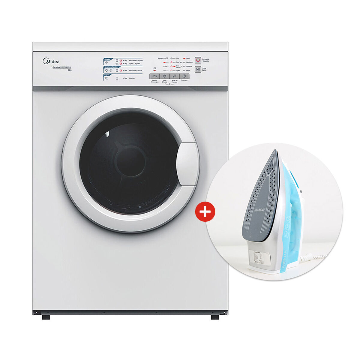 Combo Secadora de Ropa Midea MSV 90 9 kg + Plancha a Vapor Hyundai HY2448P