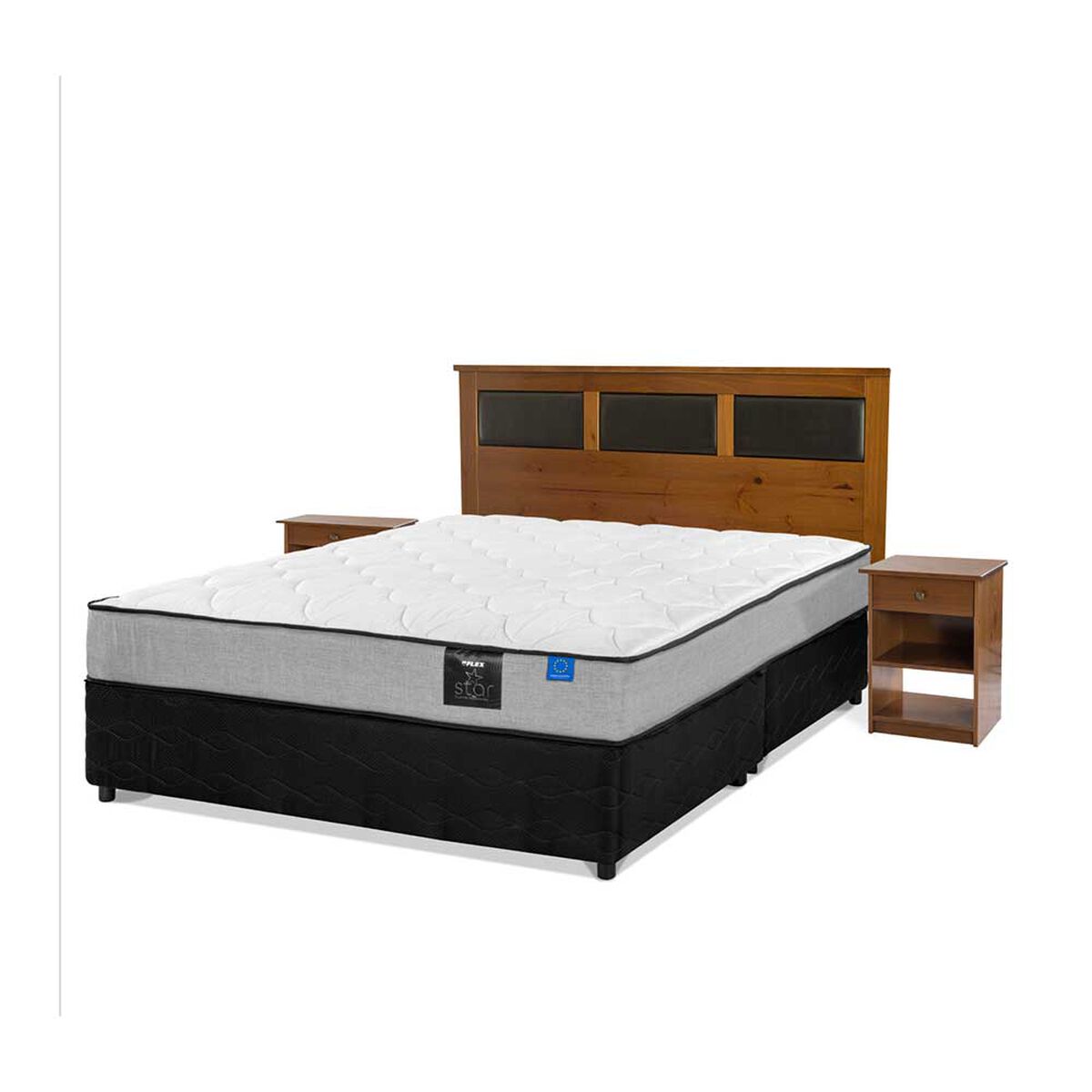 Cama Americana Flex Base Dividida 2 Plazas Star + Respaldo + 2 Veladores Toscana
