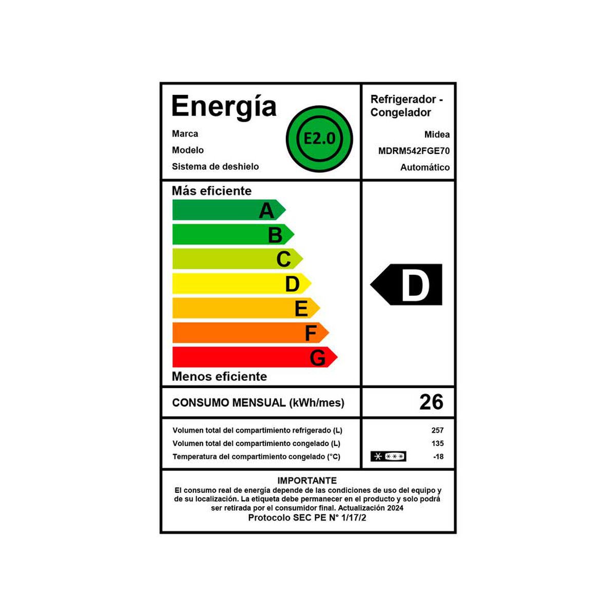 Refrigerador No Frost Midea MDRM542FGE70 392 lts.