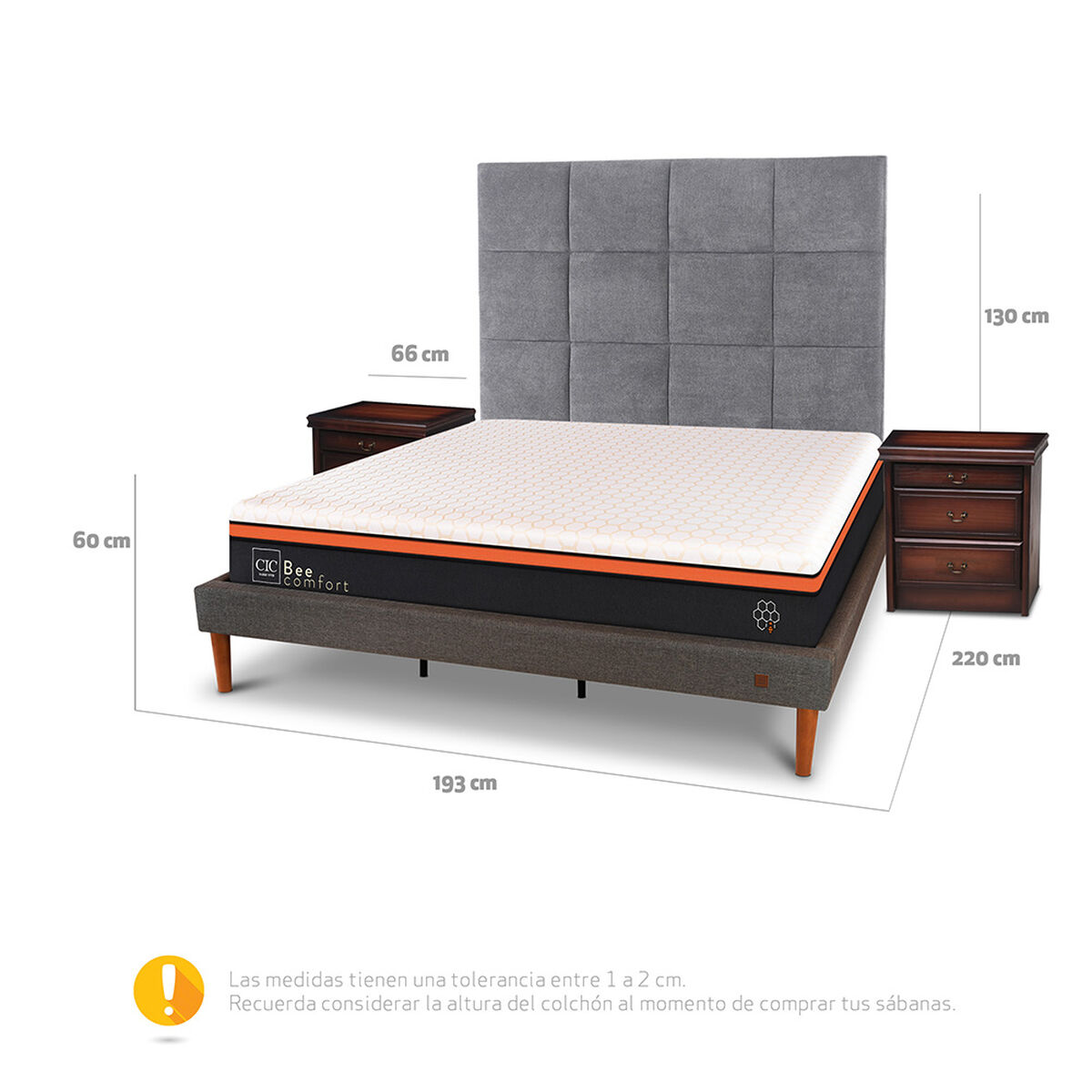 Cama Europea Curve CIC King Bee Comfort + Respaldo + 2 Veladores