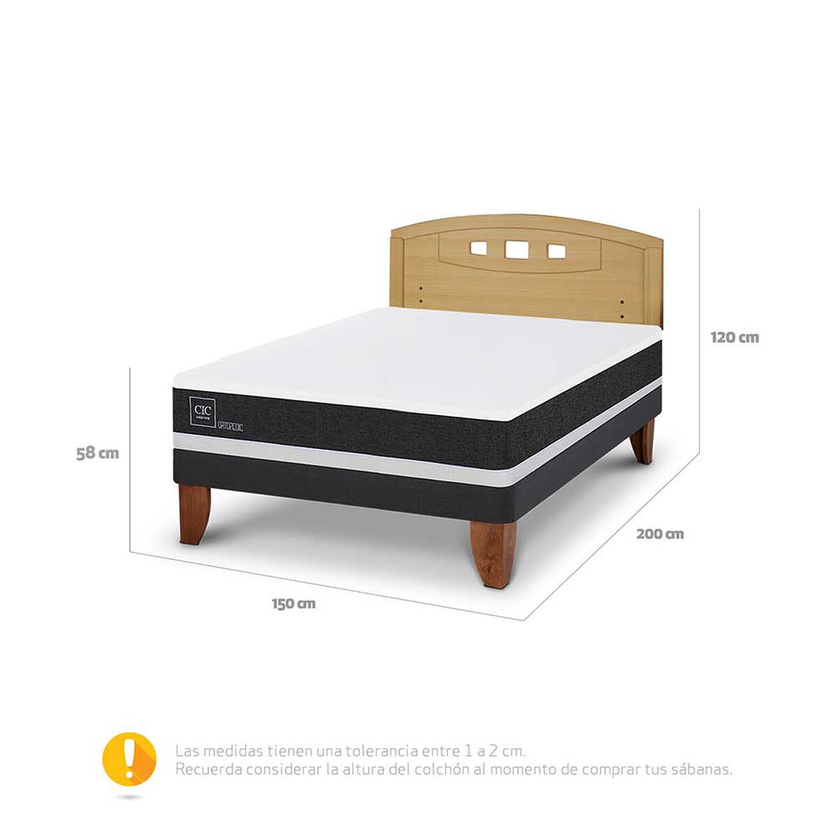 Cama Europea CIC 2 Plazas Ortopedic + Respaldo Gales Mostaza