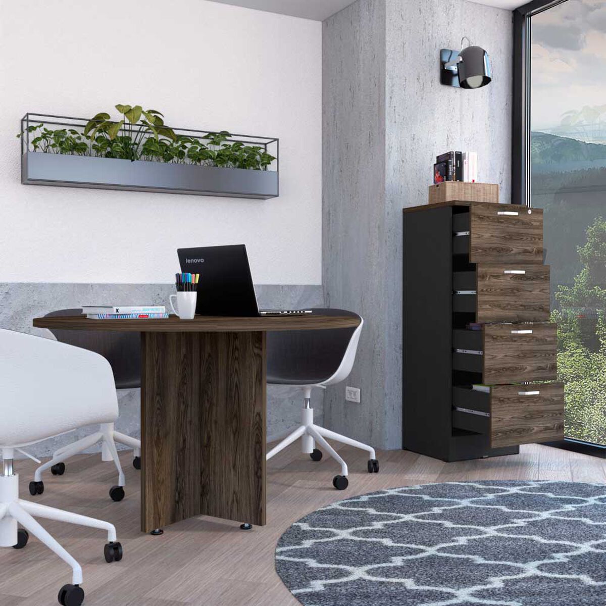 Combo Mesa Redonda + Archivador 4 Cajones TuHome Home Office Negro Soft-Co&ntilde;ac