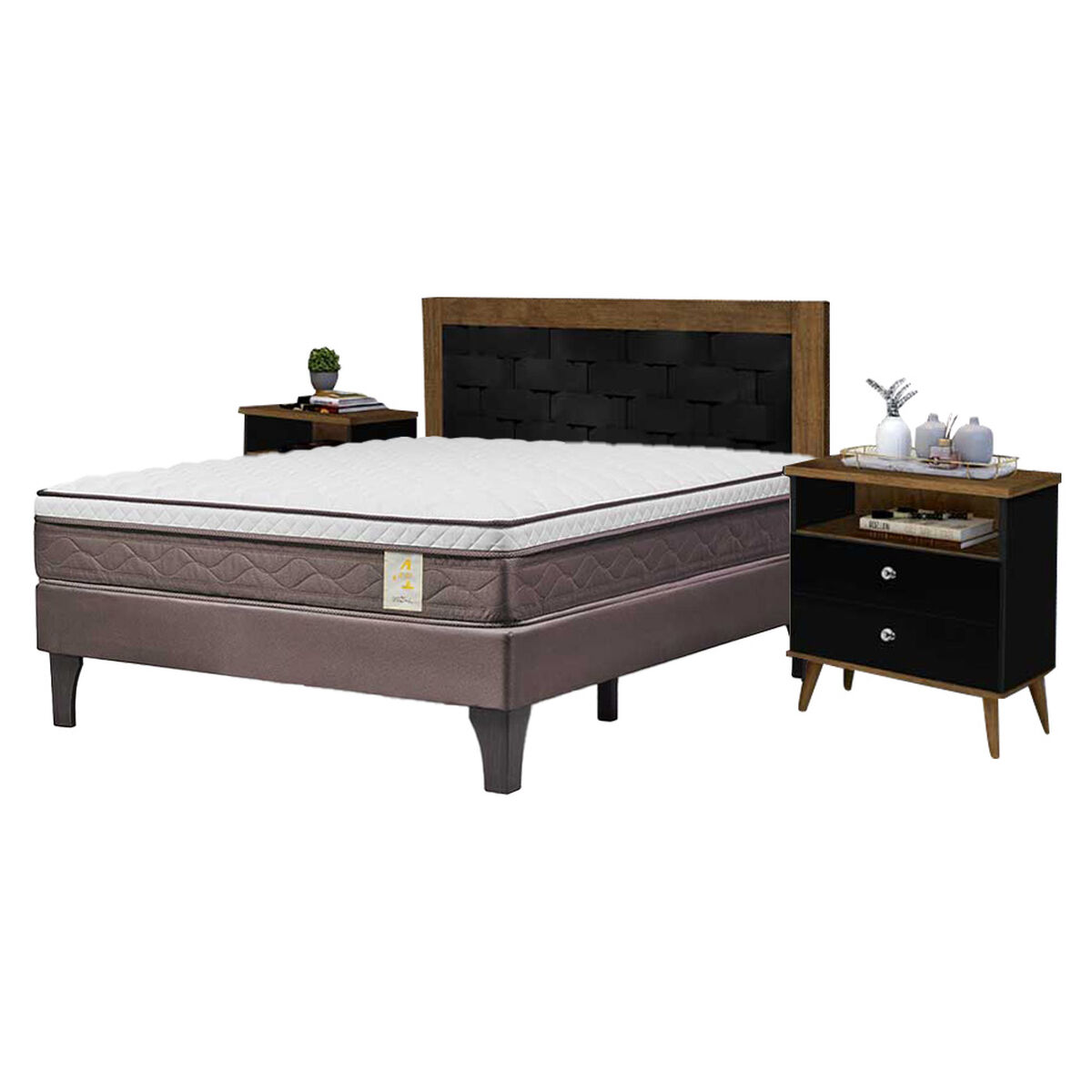Combo Cama Europea Rosen 2 Plazas New Style 4 Plus +  Respaldo + 2 Veladores Dreams 2 Plazas Treliza Negro