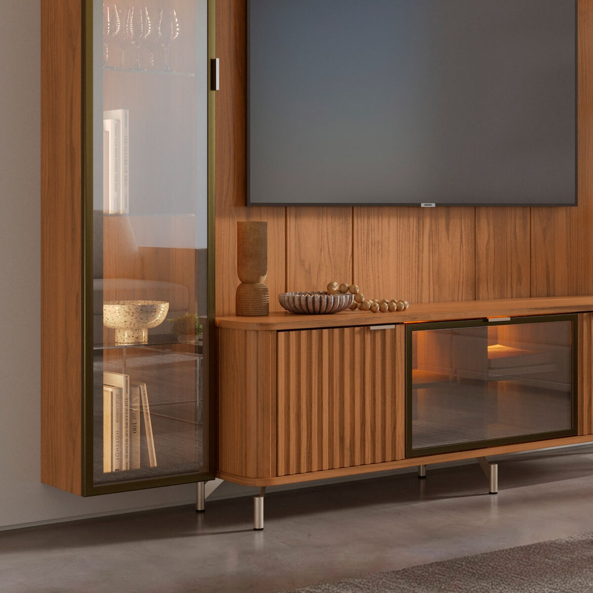 Rack TV 70" + Panel Neon Float Led + Vitrina + Repisas Decocasa Canela