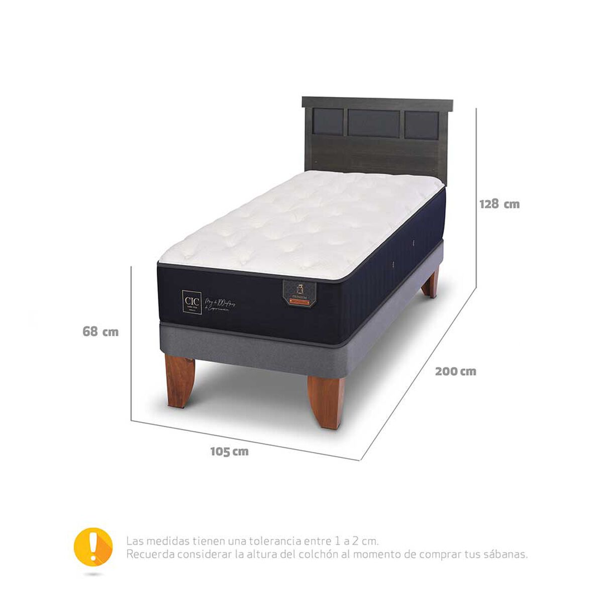 Cama Europea CIC Base Normal 1,5 Plazas Premium + Respaldo Dublin