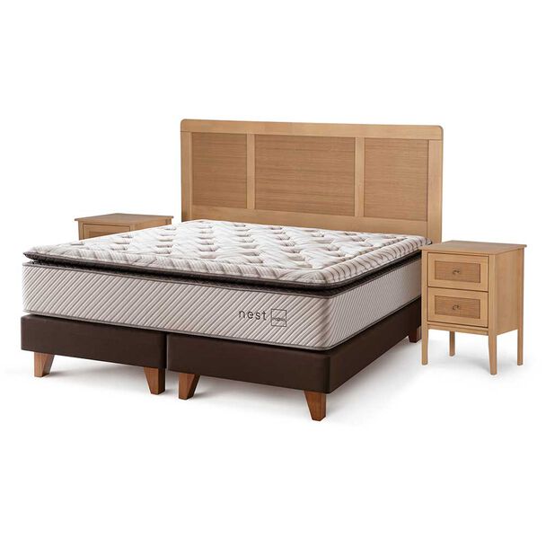 Cama Europea Rosen Base Dividida 2 Plazas Nest + Respaldo + 2 Veladores Charles