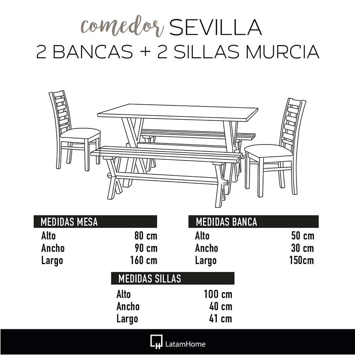 Juego de Comedor Latam Home Sevilla Murcia 2 Sillas + 2 Bancas Cuero Kentucky Tabaco