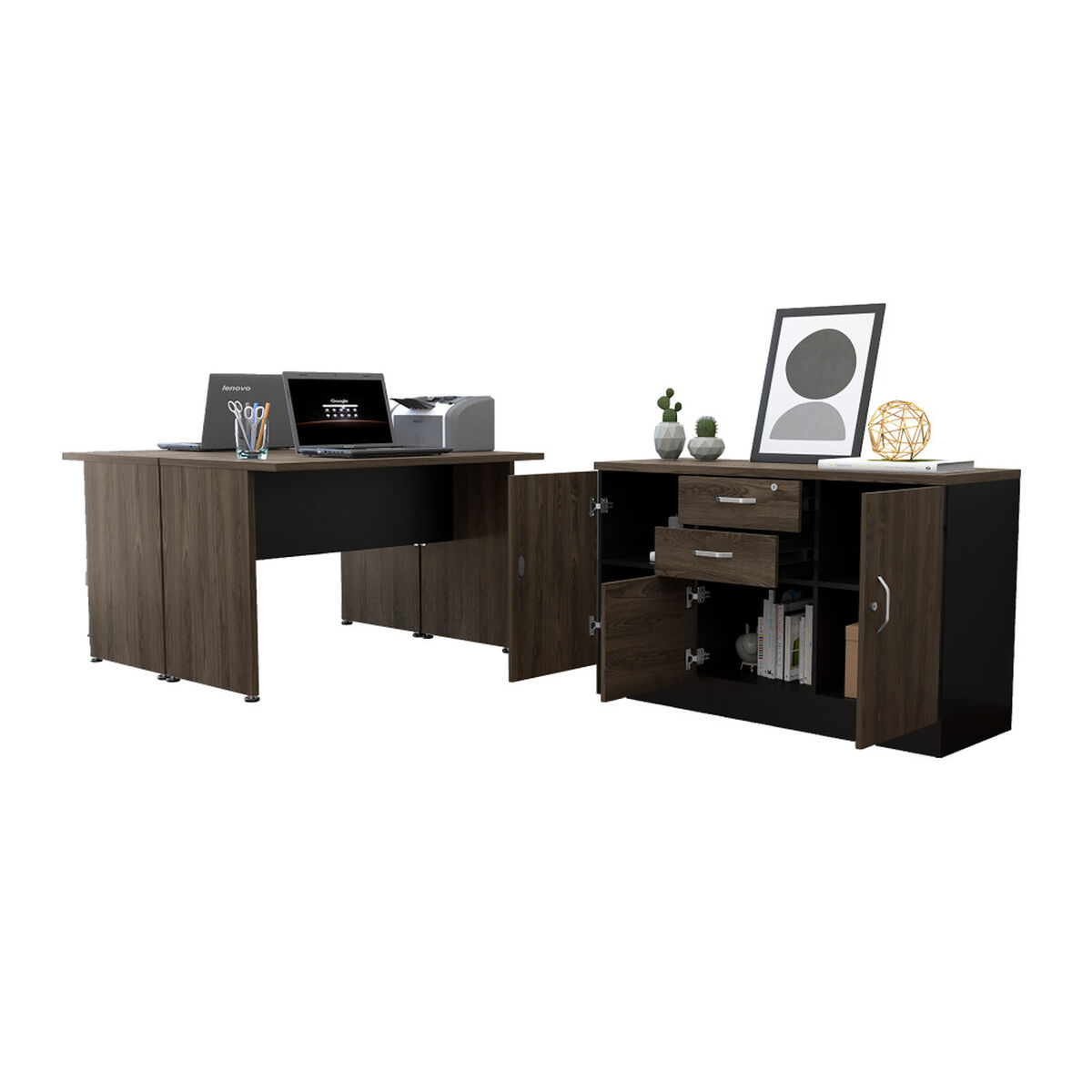 Escritorio Doble + Gabinete 2 Puertas Negro TuHome Home Office