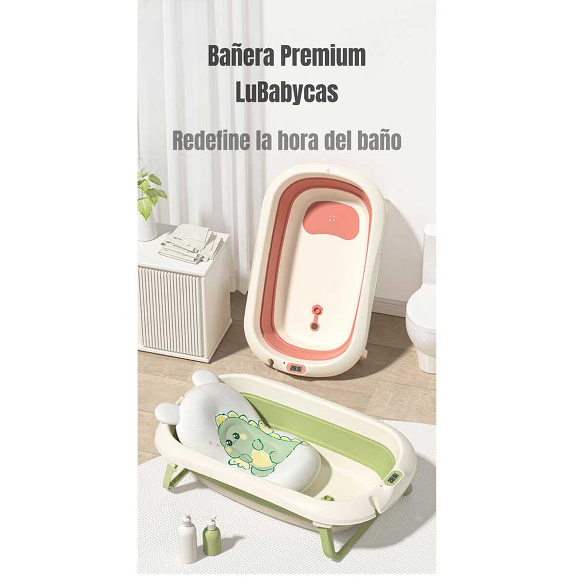 Bañera con Termómetro Cojín Premium Verde LuBabycas