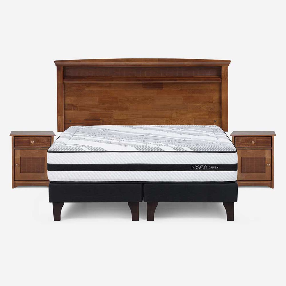 Cama Europea Rosen Base Dividida 2 Plazas Driven + Respaldo + 2 Veladores Veneto