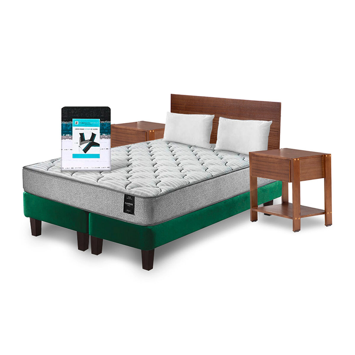 Combo Cama Europea Latam Home 2 Plazas Cannon BD Tela Verde + Textil + Respaldo + 2 Veladores Orion