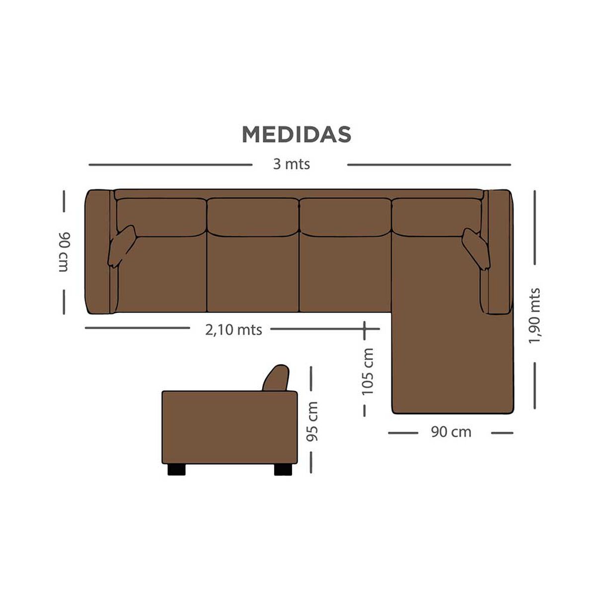 Sofá Seccional Derecho Living Factory Capri 5 Cuerpos Chocolate