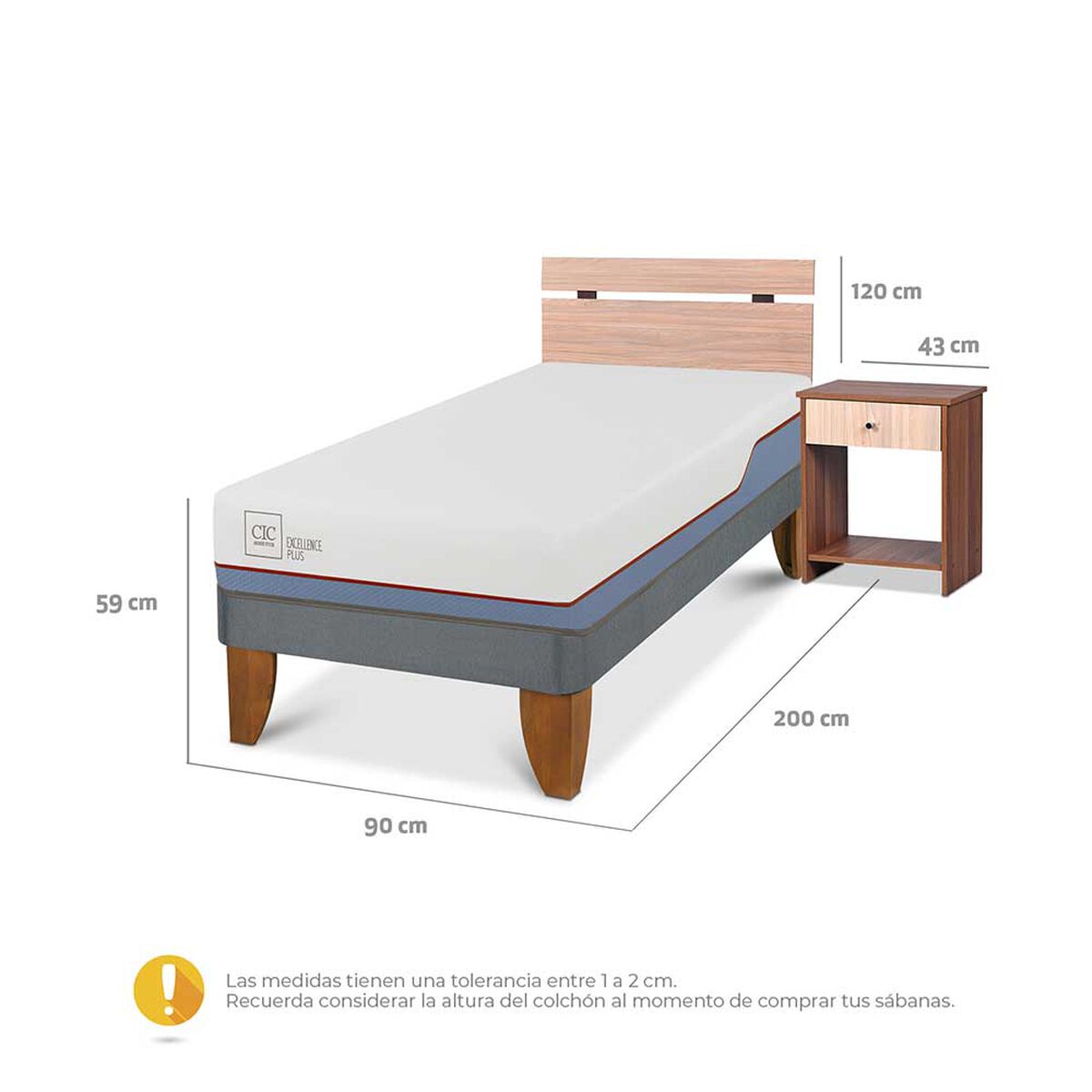 Cama Europea CIC 1 Plaza Excellence Plus + Respaldo + 1 Velador Olmo