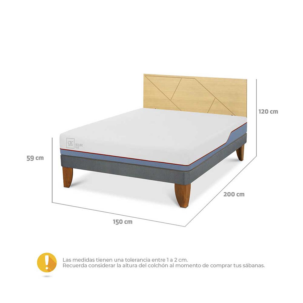 Cama Europea CIC 2 Plazas Excellence Plus + Respaldo Villarrica Mostaza