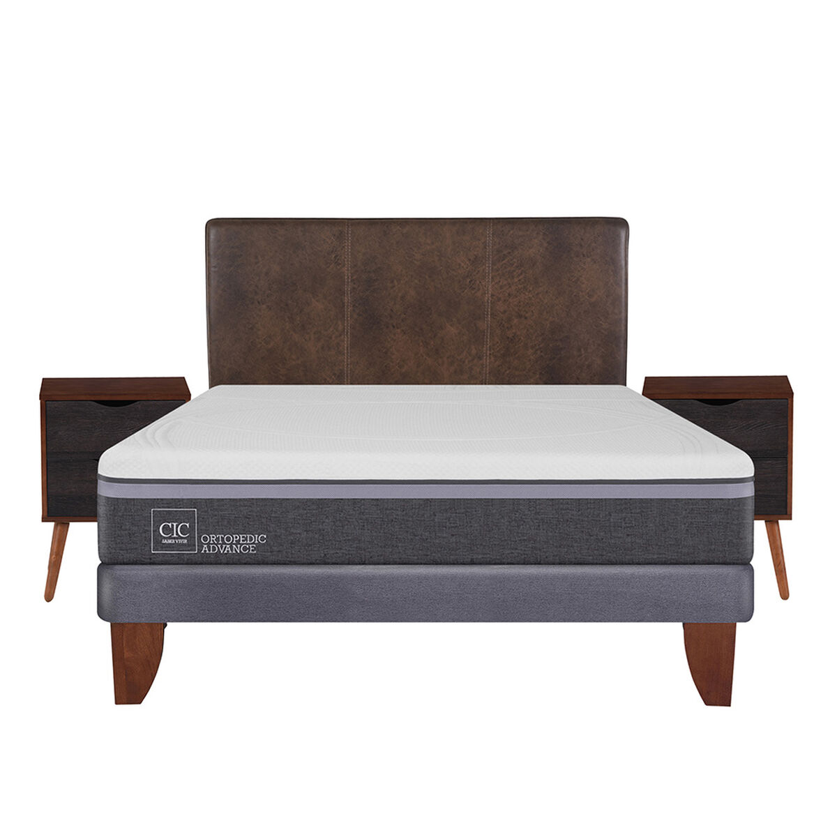 Cama Europea CIC 2 Plazas Ortopedic Advance + Respaldo + 2 Veladores Baker