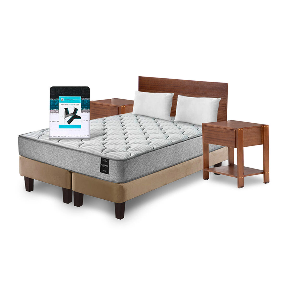 Combo Cama Europea Latam Home 2 Plazas Cannon BD Tela Beige + Textil + Respaldo + 2 Veladores Orion