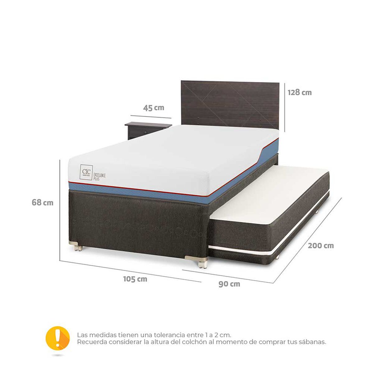Cama Nido CIC Base Normal 1,5 Plazas Excellence Plus + Respaldo + Velador Villarrica