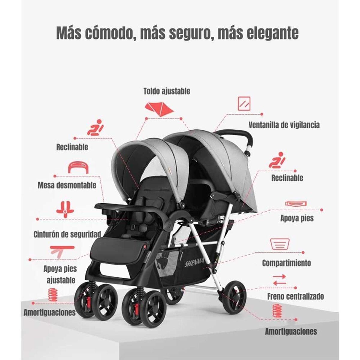 Coche Doble Duo Reclinable Plegable Gris By LuBabycas