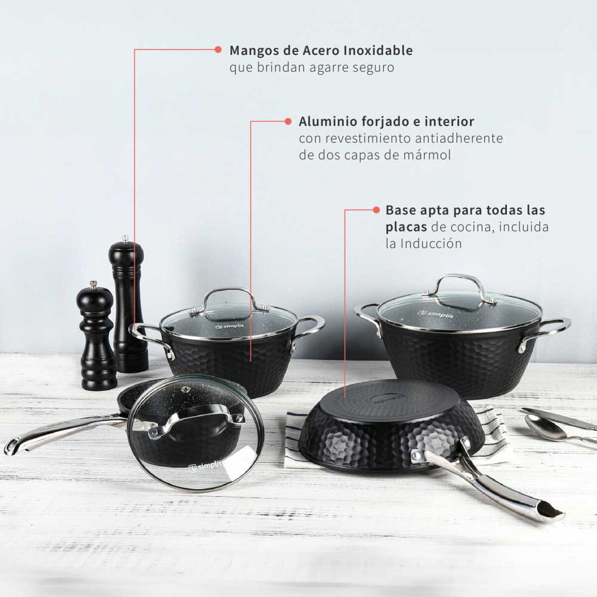 Batería de Cocina Aluminio Forjado Simplit Black Copper 7 Piezas Negro