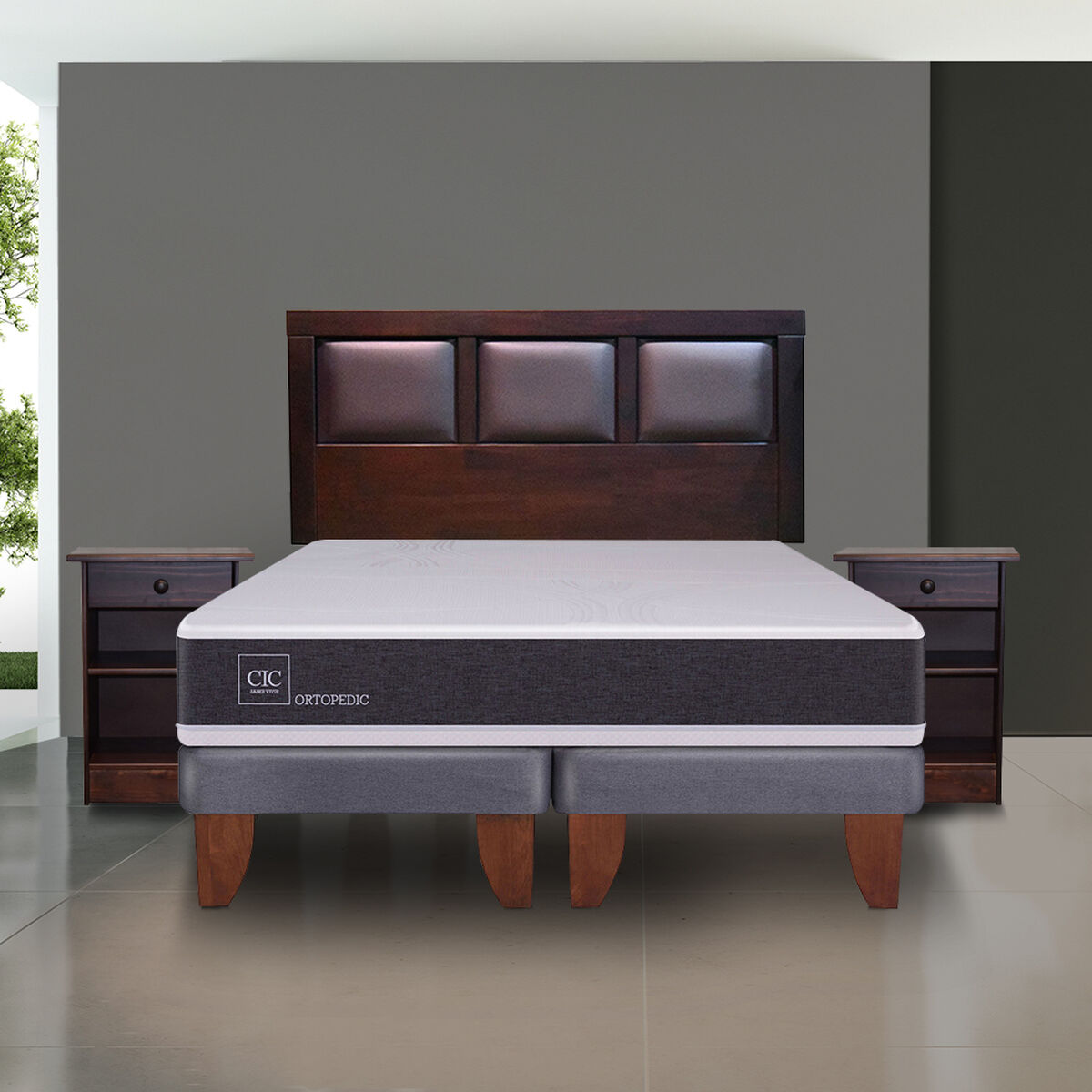 Combo Cama Europea CIC 2 Plazas Ortopedic + Set Maderas Paris