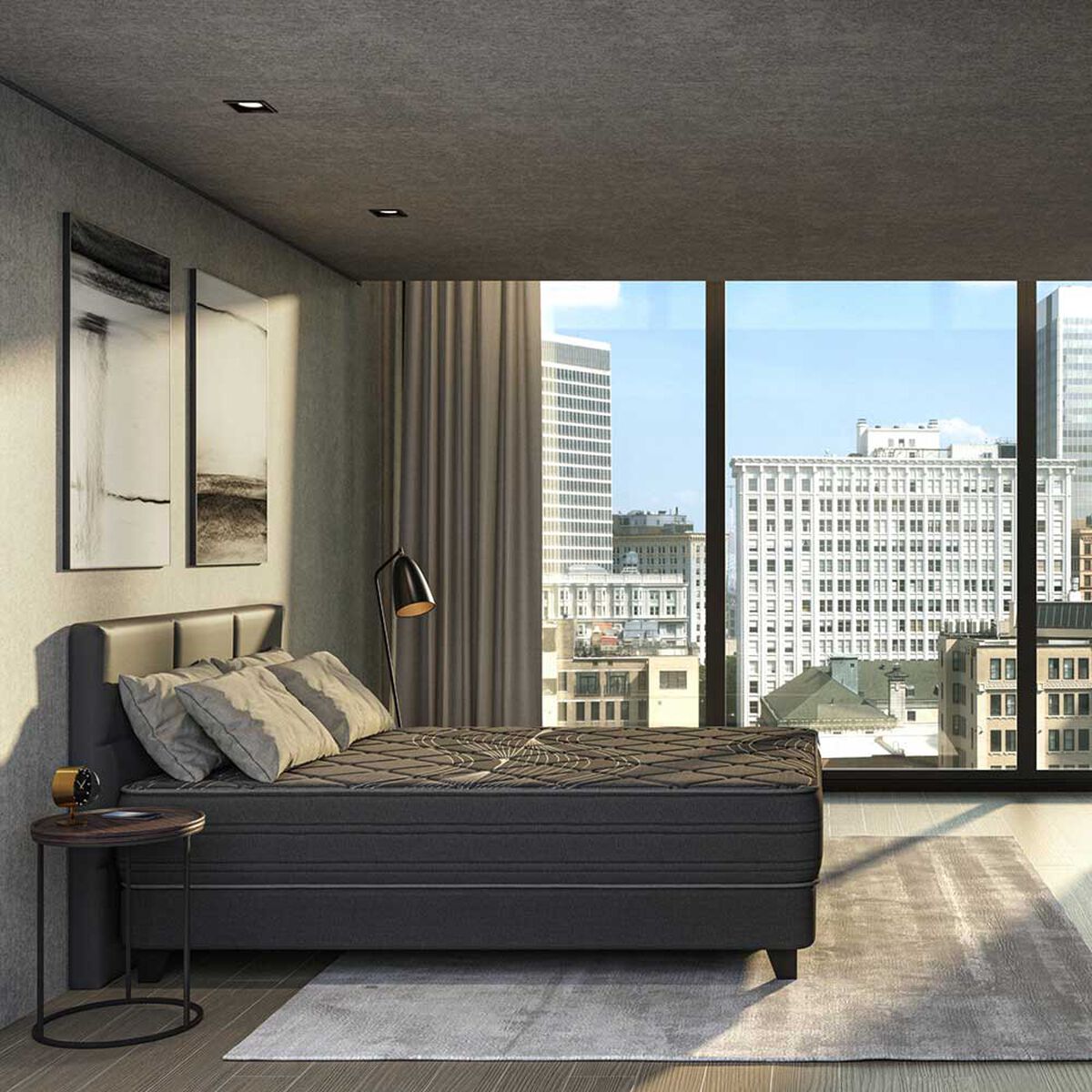 Cama Europea Flex Base Dividida King Black + Respaldo Modern Grafito + 2 Veladores Rover Universal