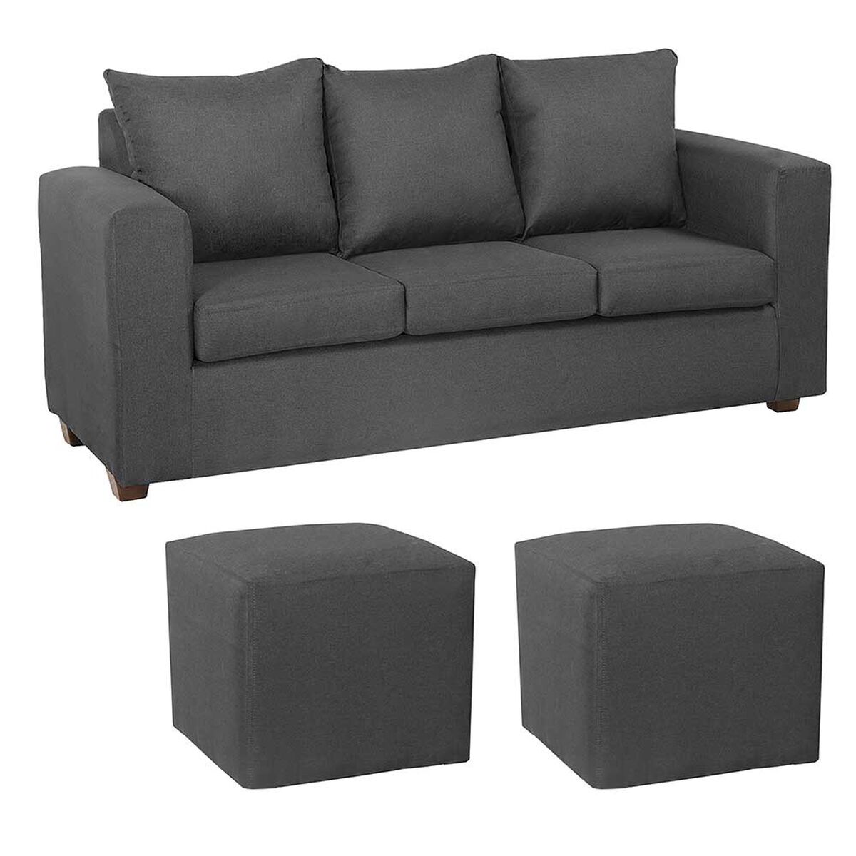 Juego de Living Innovamuebles Marco Sofá 3 Cuerpos + 2 Pouf Gris Oscuro