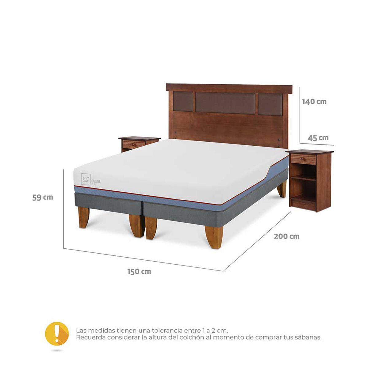 Cama Europea CIC Base Dividida 2 Plazas Excellence Plus + Respaldo + 2 Veladores New Dublin Caramel