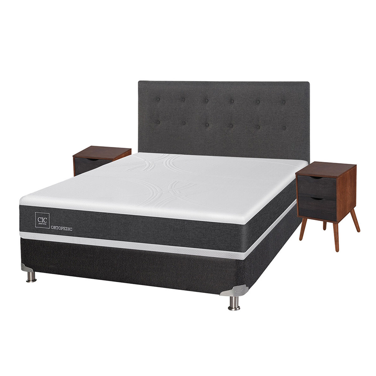 Box Spring CIC 2 Plazas New Ortopedic + Respaldo + 2 Veladores Eufrates