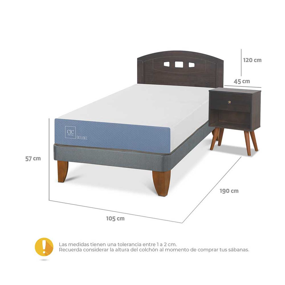 Cama Europea CIC 1,5 Plazas Excellence + Respaldo + Velador Gales
