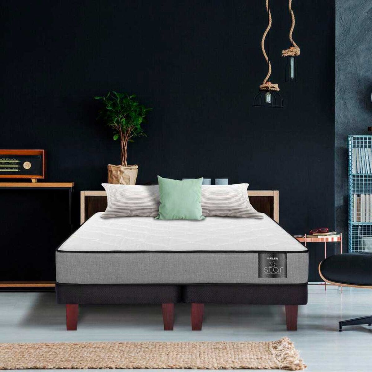 Cama Europea Flex Base Dividida 2 Plazas Star + Respaldo Royal Negro