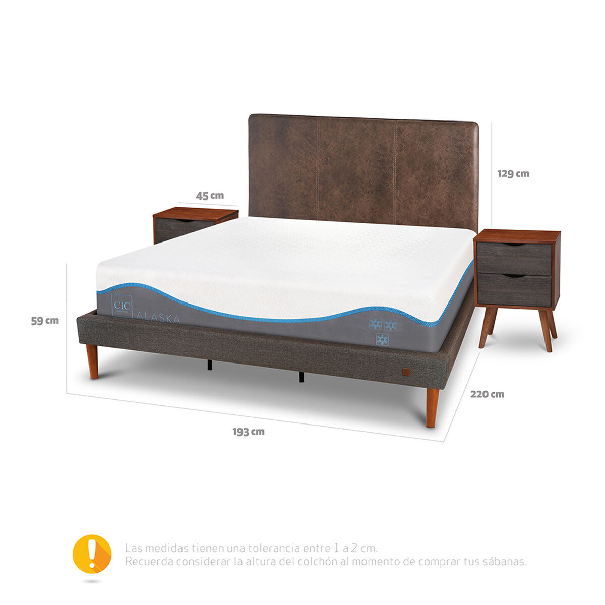 Cama Europea CIC King Alaska + Respaldo + 2 Veladores