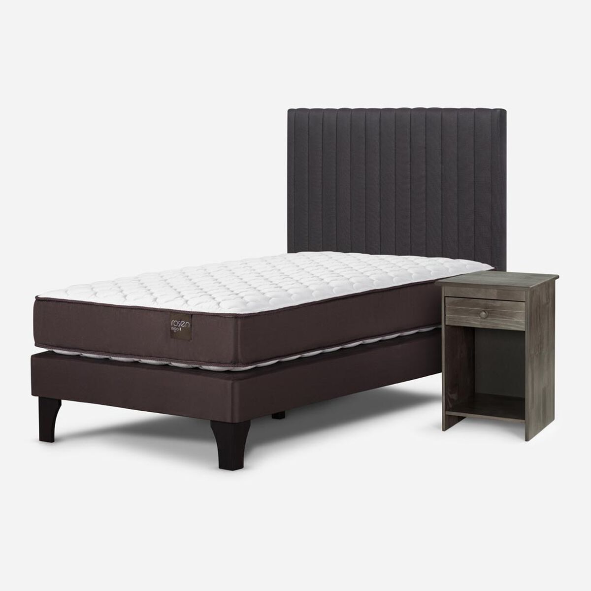 Cama Europea Rosen 1,5 Plazas Ergo T + Respaldo + Velador Grafito