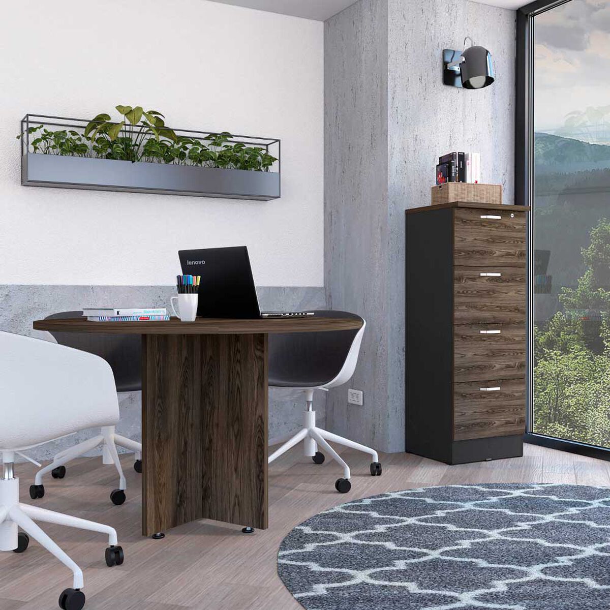 Combo Mesa Redonda + Archivador 4 Cajones TuHome Home Office Negro Soft-Co&ntilde;ac