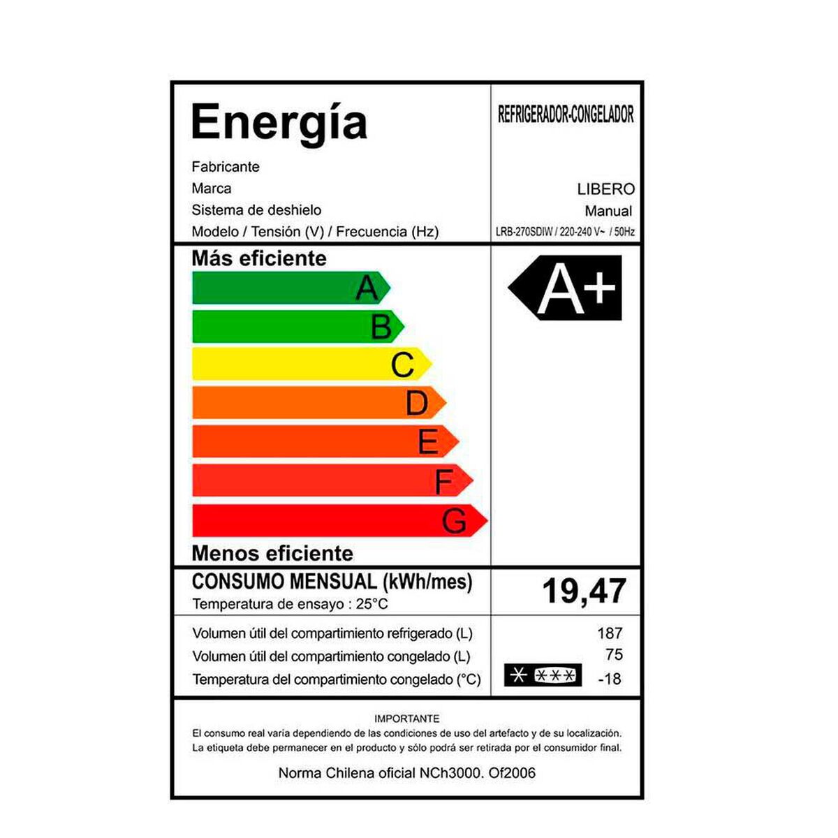 Refrigerador Fr&iacute;o Directo Libero LRB-270SDIW 262 lts.