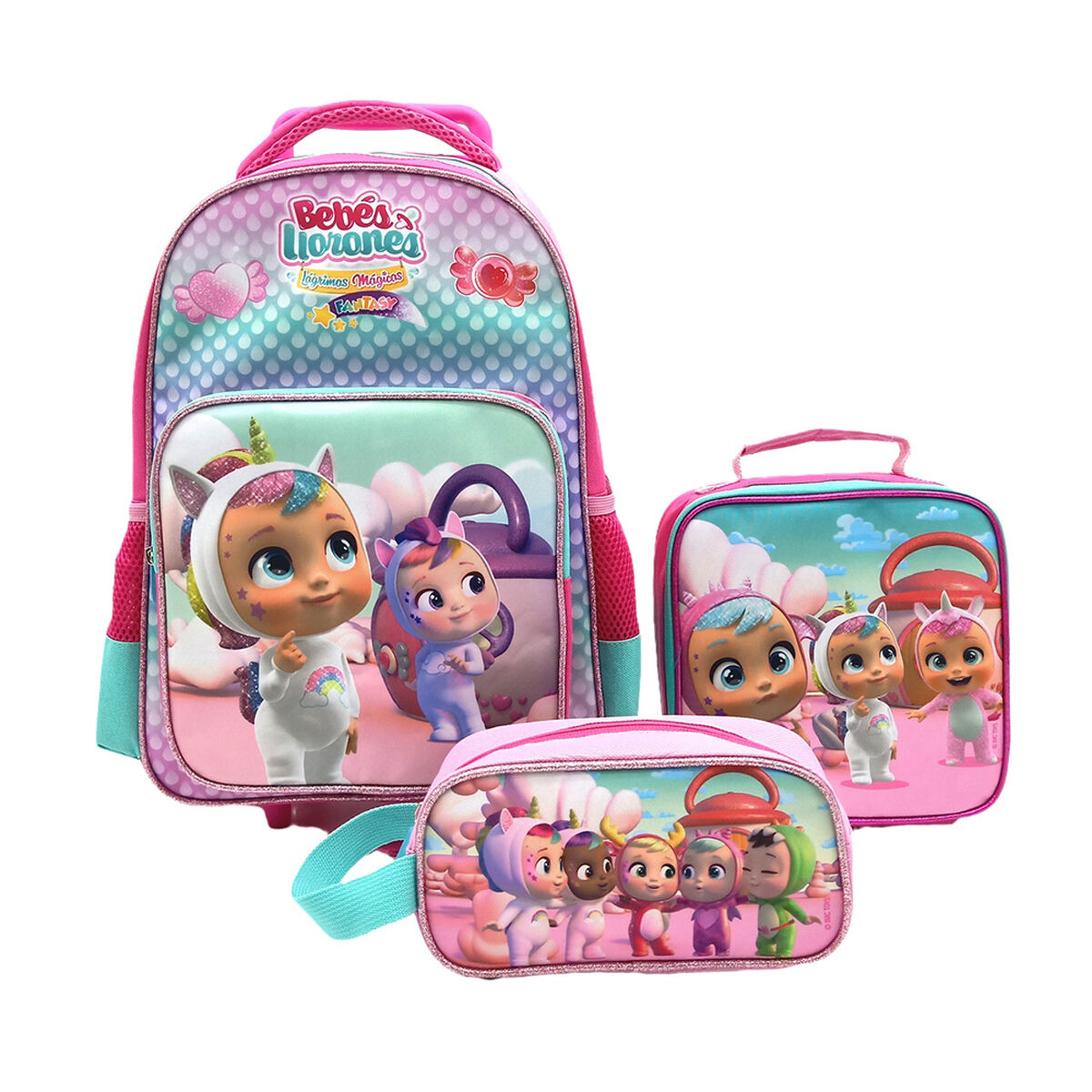 Pack 1 Mochila con Ruedas + 1 Lonchera + 1 Estuche Cry Babies