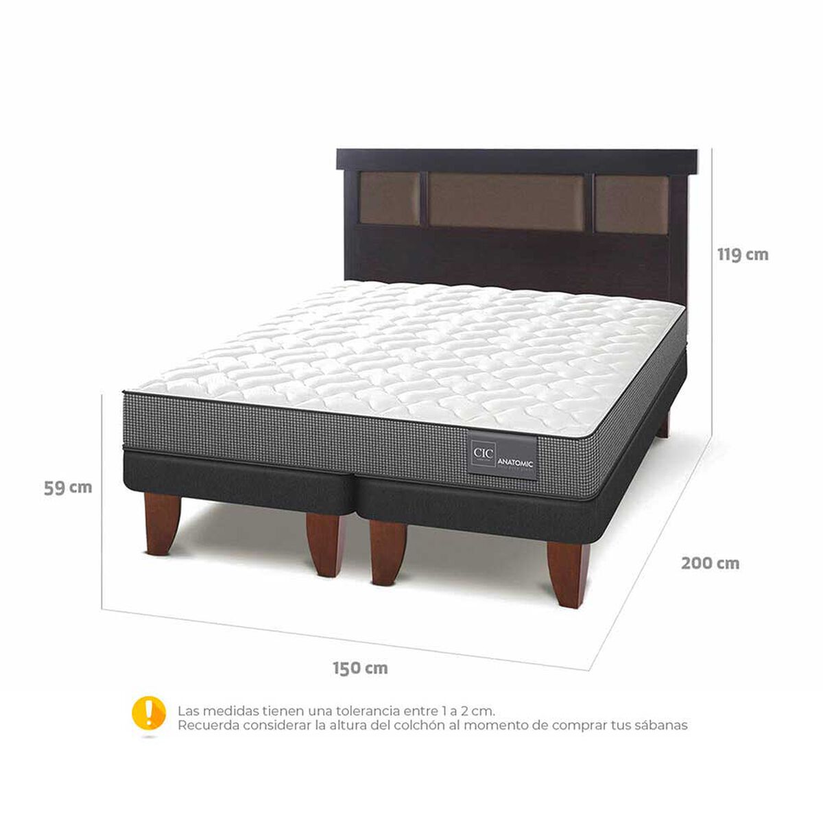 Cama Europea CIC Base Dividida 2 Plazas Anatomic + Respaldo New Dublin Chocolate