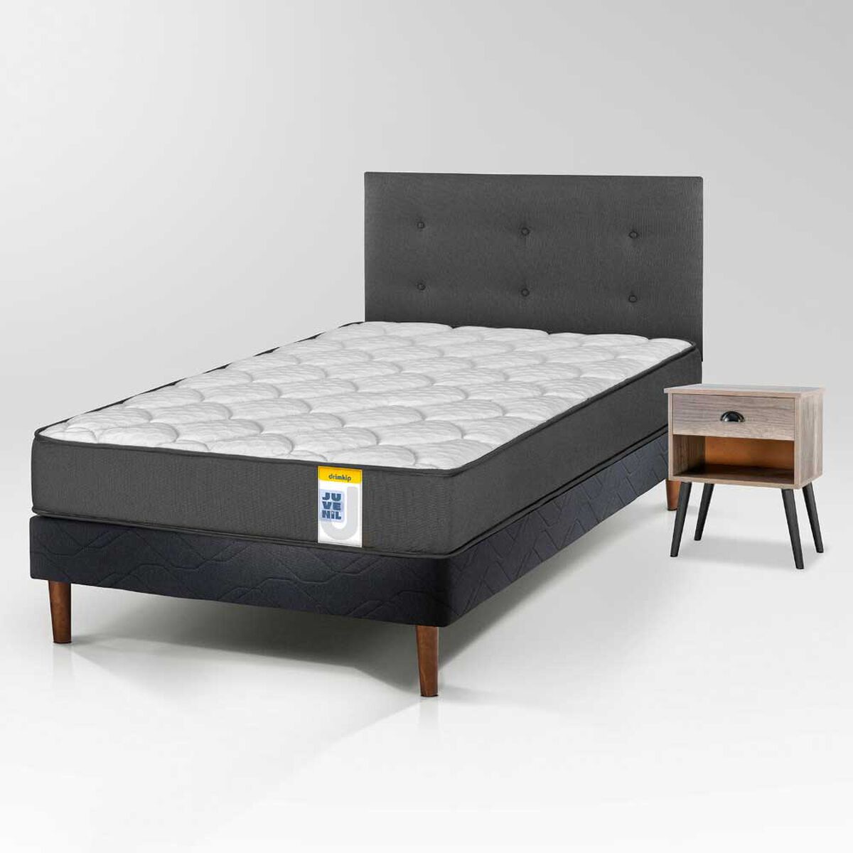 Cama Europea Drimkip 1,5 Plazas Juvenil + Respaldo Royal + Velador Rock